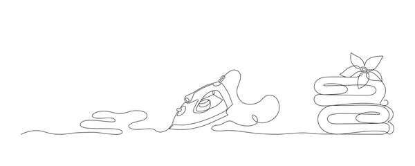 Electric iron drawn in a continuous line in minimalism style, household appliances, household assistant, ironed linen, in one line, editable vector contour.