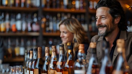 A man and woman are sitting at a bar with a large selection of liquor bottles