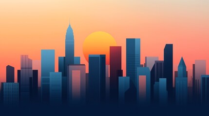 Naklejka premium Illustration of a city skyline with modern skyscrapers at sunset, featuring a large sun setting behind the buildings, creating a gradient of warm colors in the sky.