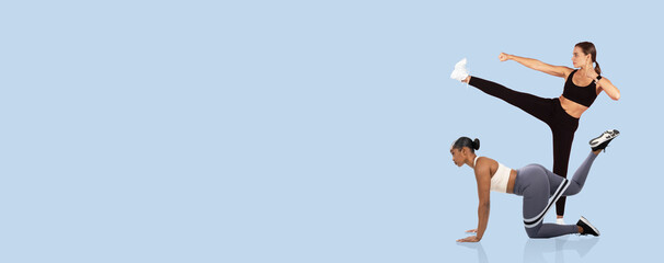 Two individuals engage in an energetic fitness session, showcasing a blend of strength and flexibility in varied exercise positions within a bright indoor setting.