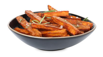 Delicious sweet potato fries with spices in bowl isolated on white