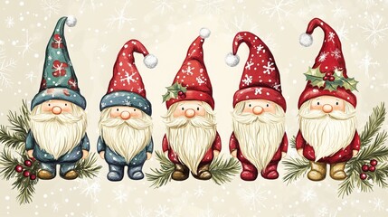 Delightful hand-drawn Christmas gnomes with festive headwear and footwear, perfect for cheerful greetings cards, vibrant web banners, and eye-catching print designs. 