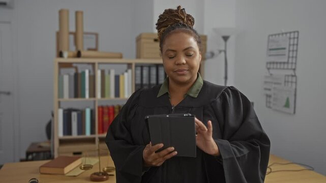 Woman judge in office holding tablet smiling in professional workspace with books and scales