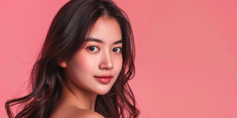 Fototapeta premium young Asian woman with smooth skin and silky hair close-up portrait pink background Generative AI