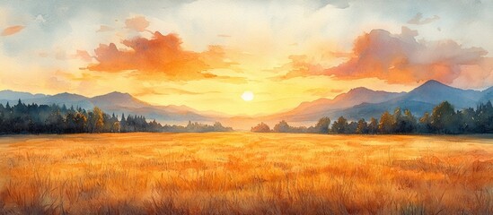 Obraz premium Golden sunset over a vast field with mountains in the background.