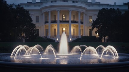 Fototapeta premium Vibrant lights create a mesmerizing fountain display under a dark sky, showcasing the White House in the backdrop amidst winter serenity