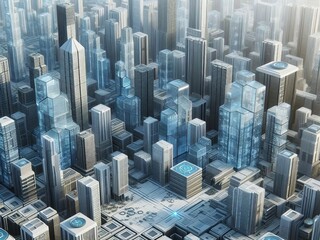 Obraz premium Futuristic cityscape with transparent skyscrapers and geometric hexagonal overlay in a digital style