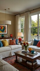 Colorful American living room with white sofas and wood tables.