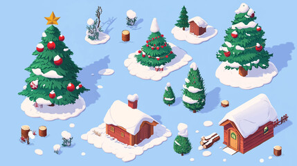 Isometric Christmas tree, 3d fir pine tree, winter holidays symbol. Winter holidays decorated green fir trees vector symbols illustrations set. Vector Christmas trees collection