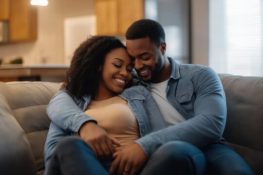 Happy couple cuddling on couch at home. Weekend relaxation. Affectionate bonding. Love and happiness. Comfortable living room setting. Couple enjoying quality time together. Relationship goals.