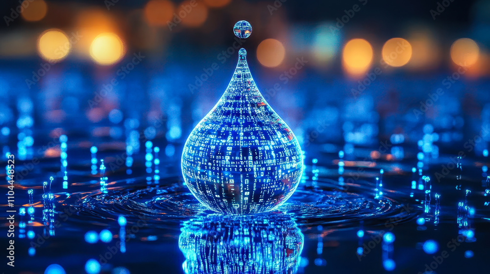 Poster digital water drop with binary code: ai in hydrology and environmental management