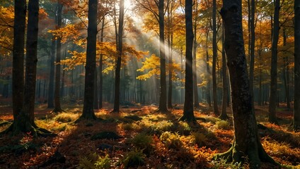 Fototapeta premium Colorful autumn forest with sunlight filtering through.