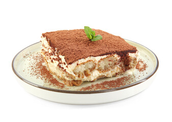 Piece of tasty tiramisu with fresh mint isolated on white