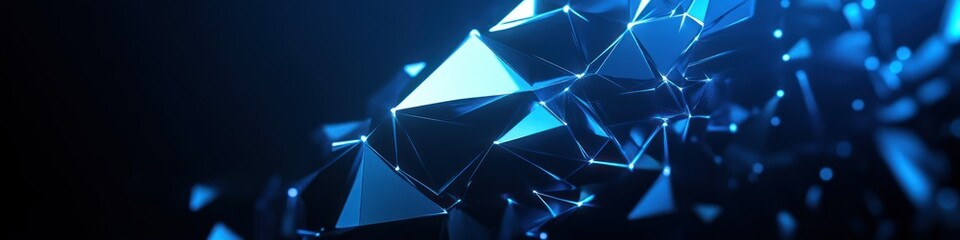 Glowing geometric blue crystal-like shapes floating in a dark futuristic digital space