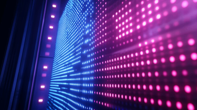 Authentic concave LED display for a wall or platform. Large TV display depicted in a vector illustration with neon blue and purple dot lights. Stadium digital scoreboard with diode lights