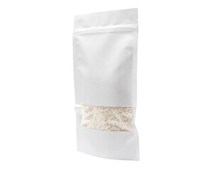 Paper pouch bag with rice isolated on white