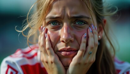 Woman sports fan upset and sad during game. Disappointed by sports result. Unhappy emotion visible on face. Outdoor stadium setting. Moment of intense emotion.