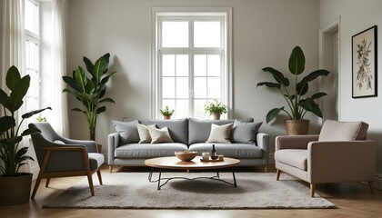 Modern scandinavian interior of living room with design grey sofa, armchair, a lot of plants, coffee table, carpet and personal accessories in cozy home decor. Template.