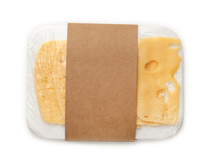 Pack of sliced cheese isolated on white, top view