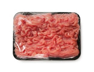 Plastic pack with fresh minced meat isolated on white, top view