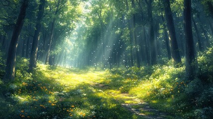 Fototapeta premium Sunlit path through lush green forest with wildflowers.