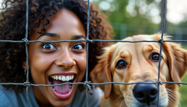 Woman, dog look through fence. Excited woman, golden retriever behind wire mesh. Emotional pet adoption concept. Shelter care, fostering theme. Potential adopters contemplate future homes. Positive