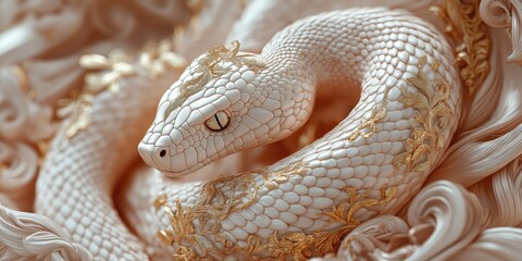 Fototapeta premium Chinese new year 2025 year of the Snake. Close-up of a white snake with gold detailing surrounded by ornate floral patterns