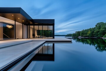 Fototapeta premium coastal luxury living, sophisticated waterfront residence featuring private dock, boathouse, and modern design, perfect for coastal living