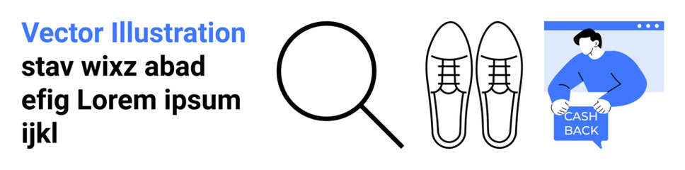 Magnifying glass, shoes, and a person with cashback sign. Ideal for e-commerce, shopping guides, product searches, fashion blogs, online retail, cashback offers, and interactive marketing. Landing