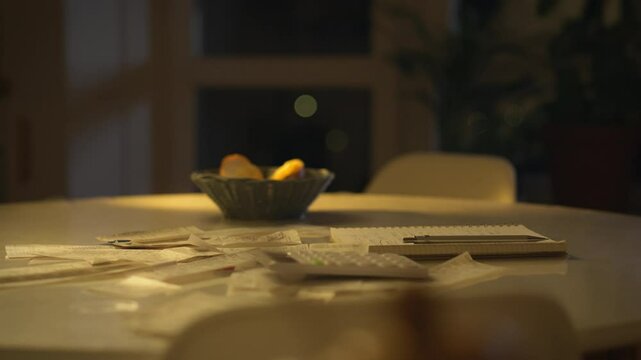A cozy evening scene shows a table scattered with receipts, a notebook, and a bowl of fruit. Soft lighting highlights the tranquil atmosphere and creates a warm ambiance