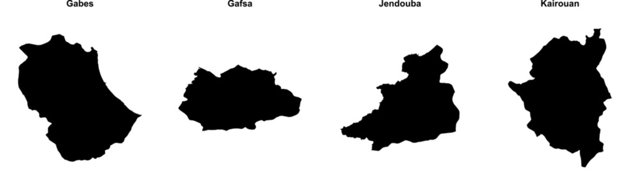 Gabes, Gafsa, Jendouba, Kairouan outline maps