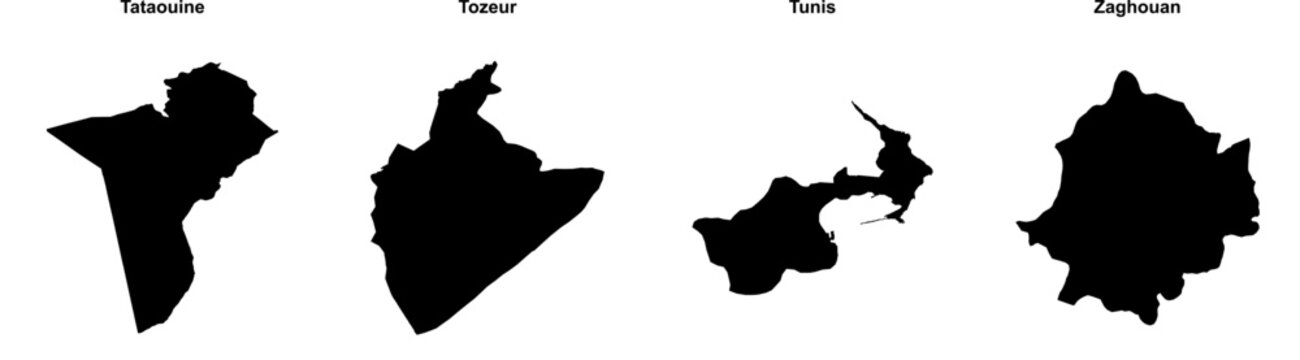 Tataouine, Tozeur, Tunis, Zaghouan outline maps