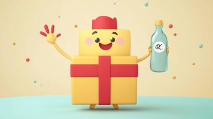 A cartoon gold gift box with a red ribbon and ice bottle character, celebrating with an OK sign