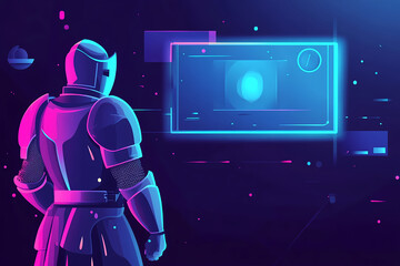 Knight in futuristic neon armor standing in front of glowing interface. Sci-fi digital illustration with dark background. 