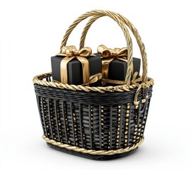 Elegant black shopping basket with luxurious gold gift box