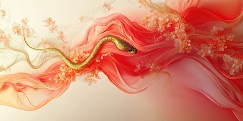 Chinese new year 2025 year of the Snake. Golden snake on a flowing red and pink background with blooming cherry blossoms