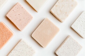 flat lay of various rectangular soap bars in neutral tones, arranged in a grid on a clean white surface
