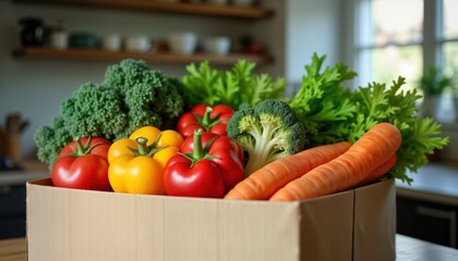 Fresh produce box in kitchen. Colorful vegetables, fruits. Organic farm-to-table delivery concept. Healthy eating organic food. Home cooking ingredients. Fresh carrots. Broccoli. Peppers. Tomatoes.