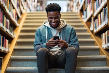 Happy young black student using phone on library stairs. Relaxing break from studies. Tech use in academic work. Student relaxed, smiling. Library interior. Casual attire. Modern life. Tech savvy
