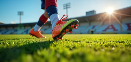 Young athlete practices dribbling skills on green grass field. Focus on fitness, sports development. Soccer player wearing vibrant cleats. Low angle view of active sports person near stadium. Bright