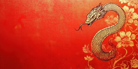 Chinese new year 2025 year of the Snake. Golden dragon design on a bold red background with ornate floral elements