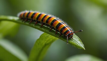 Fototapeta premium Colorful caterpillar resting on a green leaf.