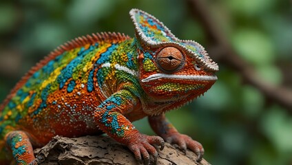Obraz premium Colorful chameleon blending with its surroundings.