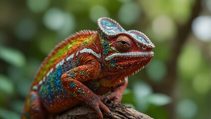 Fototapeta premium Colorful chameleon blending with its surroundings.