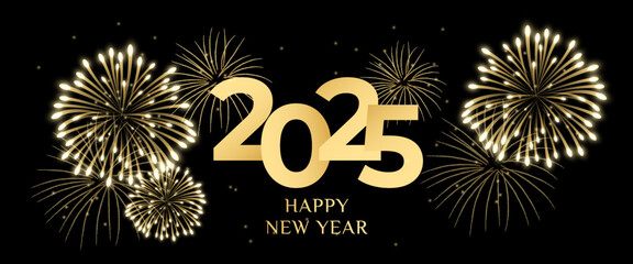 Happy New Year 2025. Golden fireworks for the design of postcards, banners for the new year. Vector illustration