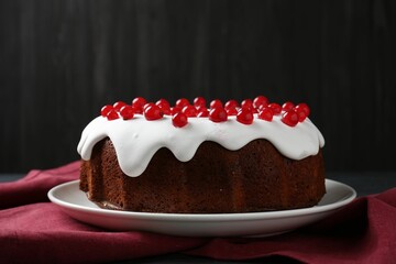Tasty Christmas cake with red currants on table against dark background, closeup