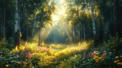Fototapeta premium Sunbeams illuminate a vibrant, flowering forest path.