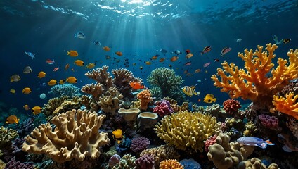 Colorful coral reef scene with underwater life.
