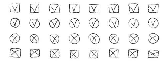 Set of black chalk ticks and crosses , circle and square. Tick symbol means agree, vote, confirm. Tick and X symbols hand drawn with charcoal pencil. Vector illustration.