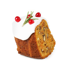 Piece of traditional Christmas cake decorated with red currants and rosemary isolated on white